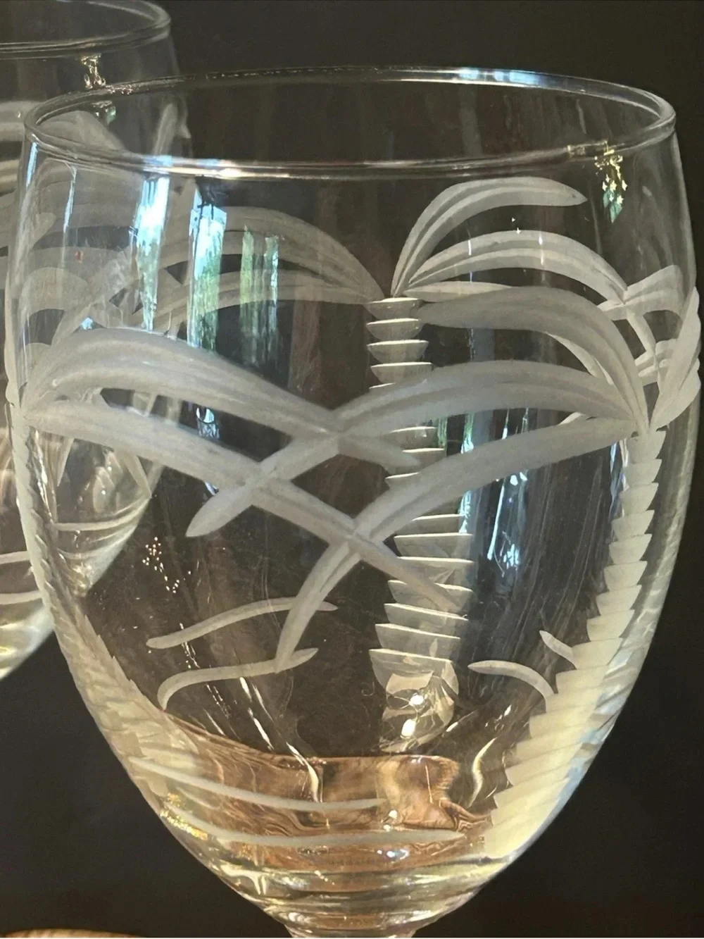 4 Rolfs Etched Palm Tree Wine Glasses‎ Goblets Clear Footed Excellent 7